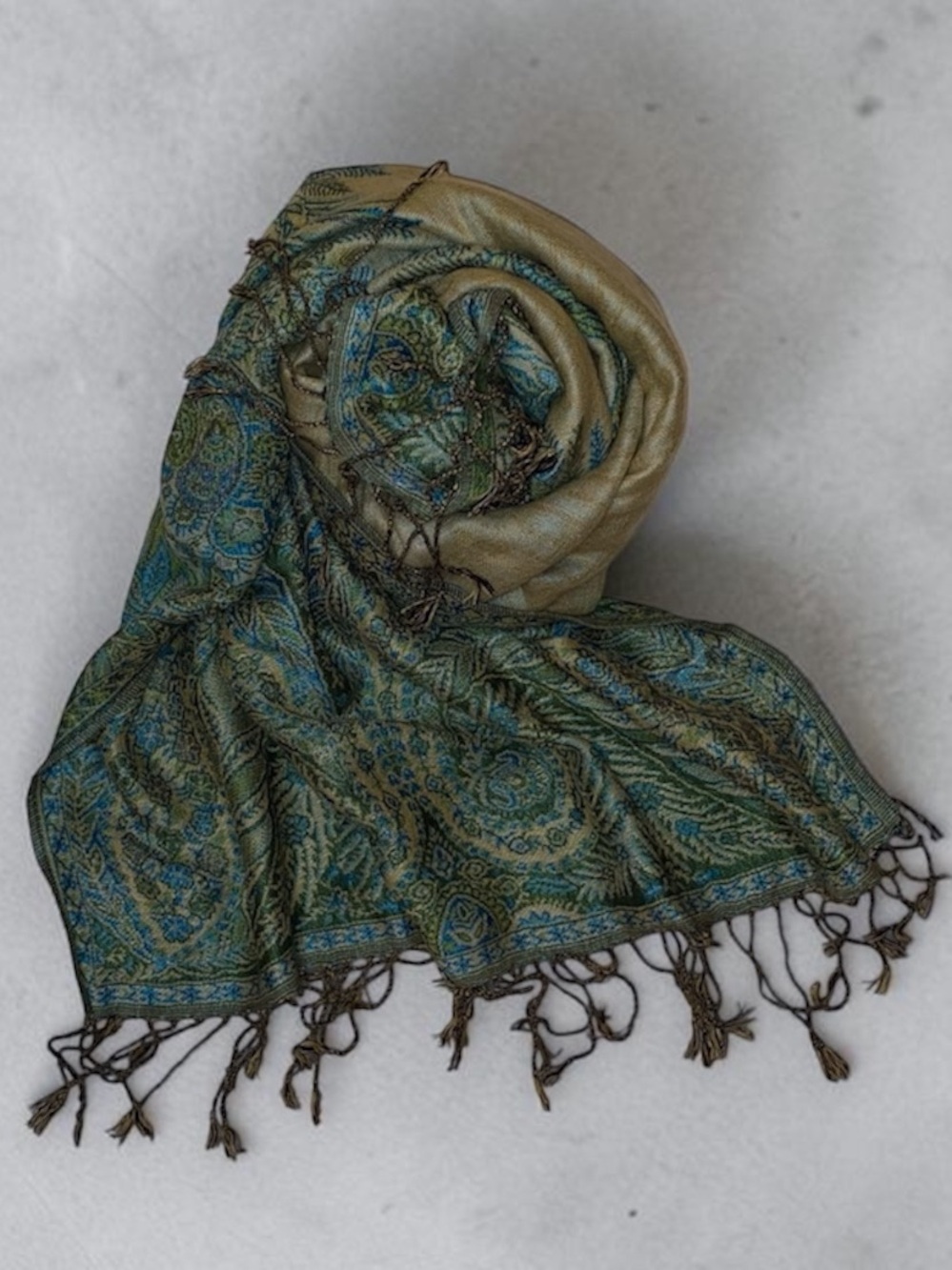 PASHMINA SCARF Golden Fern Rave Scarf from Pash Plug 70” x 27” x 4” Green Tan